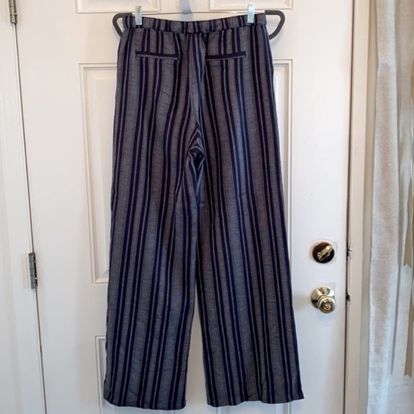 Blue Linen Wide Leg Striped High Rise Drawstring Pockets Bohemian Pants Summer - Picture 5 of 14